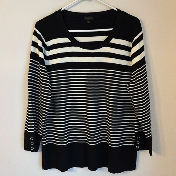 Talbots Sweaters - Talbot’s classic Women Black White Striped, 3/4 Sleeves, Pull On Sweater XL EUC